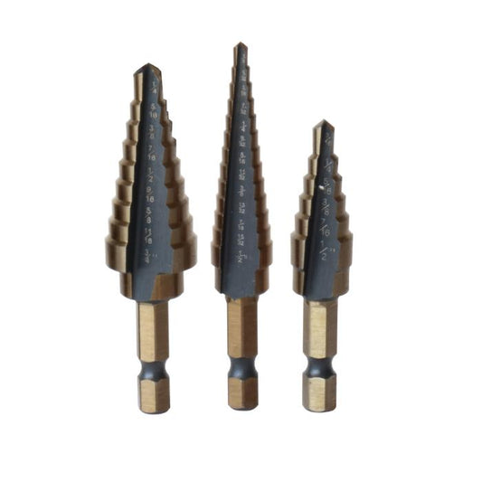 3-Piece HSS Hex Shank Step Drill Bit, Black and Gold (Sizes #1 - #3)