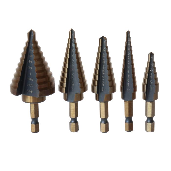 5-Piece HSS Hex Shank Step Drill Bit, Black and Gold (Sizes #1 - #5)