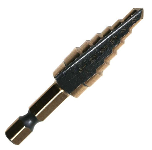 #2 HSS Hex Shank Step Drill Bit, Black and Gold (3/16" - 1/2" x 16ths)