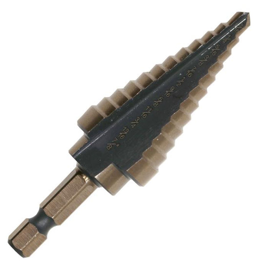 #4 HSS Hex Shank Step Drill Bit, Black and Gold (3/16" - 7/8" x 16ths)